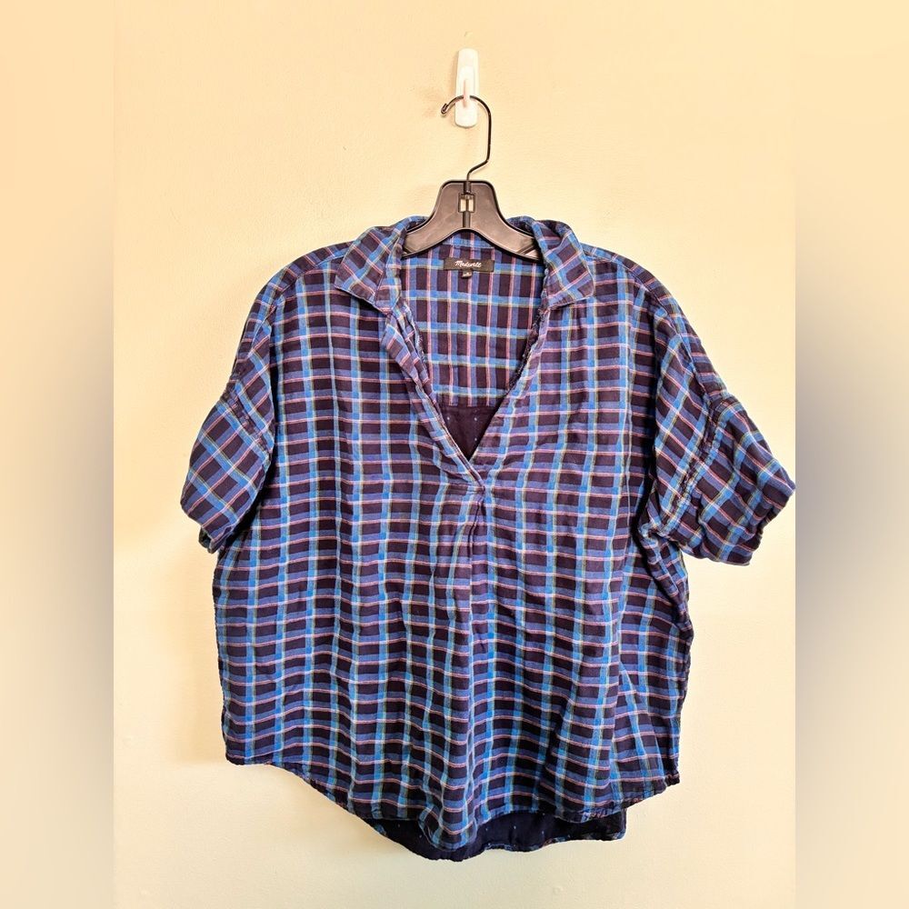 Madewell Double-Faced Park Popover Short Sleeve Plaid Shirt M 100% Cotton